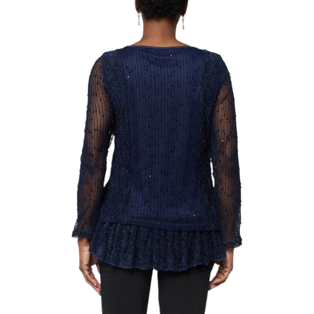 Nina Leonard Women's Long-Sleeve Mixed-Media Blouse Navy - Regular - Picture 2 of 2